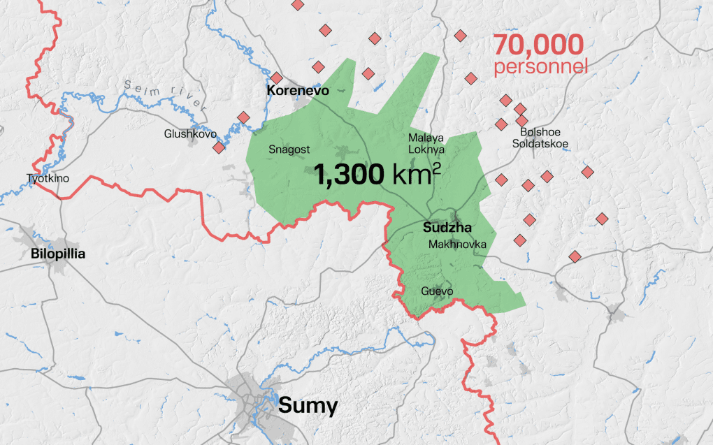 Within three weeks, Ukrainian forces captured over 1,300 km² of Russian territory in the Kursk region. Illustration: UNITED24 Media Within three weeks, Ukrainian forces captured over 1,300 km² of Russian territory in the Kursk region. Illustration: UNITED24 Media