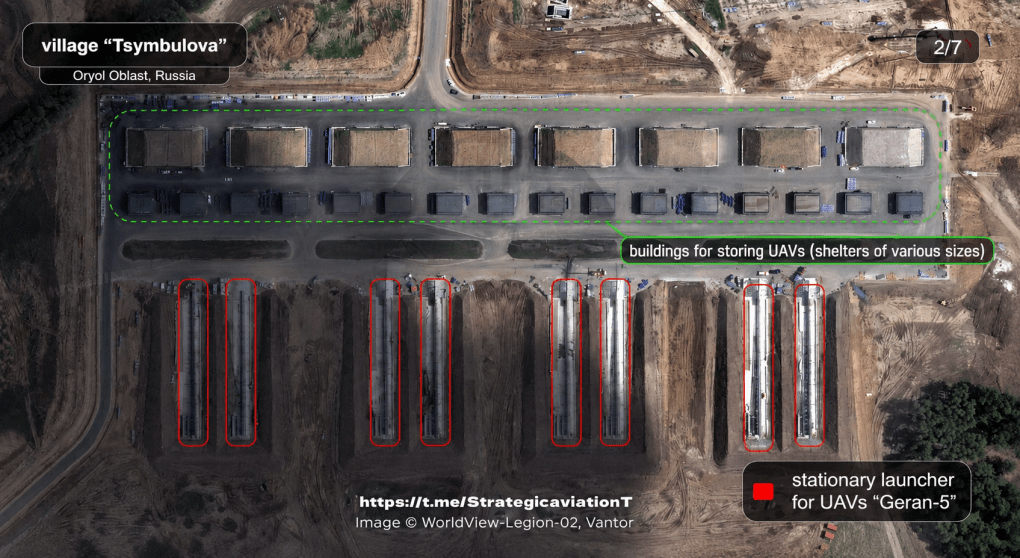Satellite image of Geran-5 launchers and UAV storage facilities at Russia’s Tsymbulova drone base in Oryol region. (Source: Strategic Aviation) Satellite image of Geran-5 launchers and UAV storage facilities at Russia’s Tsymbulova drone base in Oryol region. (Source: Strategic Aviation)