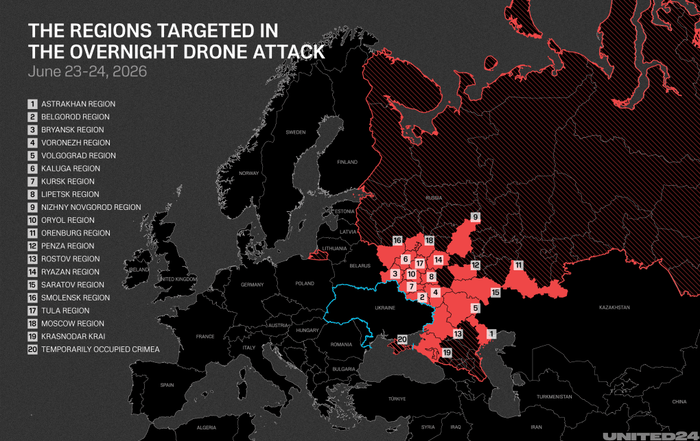 Map showing nearly 20 Russian regions and occupied Crimea affected by the overnight drone attack, stretching from border areas to the Moscow region and southern Russia, June 23-24, 2026. (Source: UNITED24 Media/Oleksandr Manukians) Map showing nearly 20 Russian regions and occupied Crimea affected by the overnight drone attack, stretching from border areas to the Moscow region and southern Russia, June 23-24, 2026.
