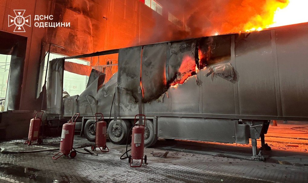 A fire engulfs part of an industrial facility in Odesa following a Russian overnight strike, as emergency crews work to contain the blaze. (Source: State Emergency Service)