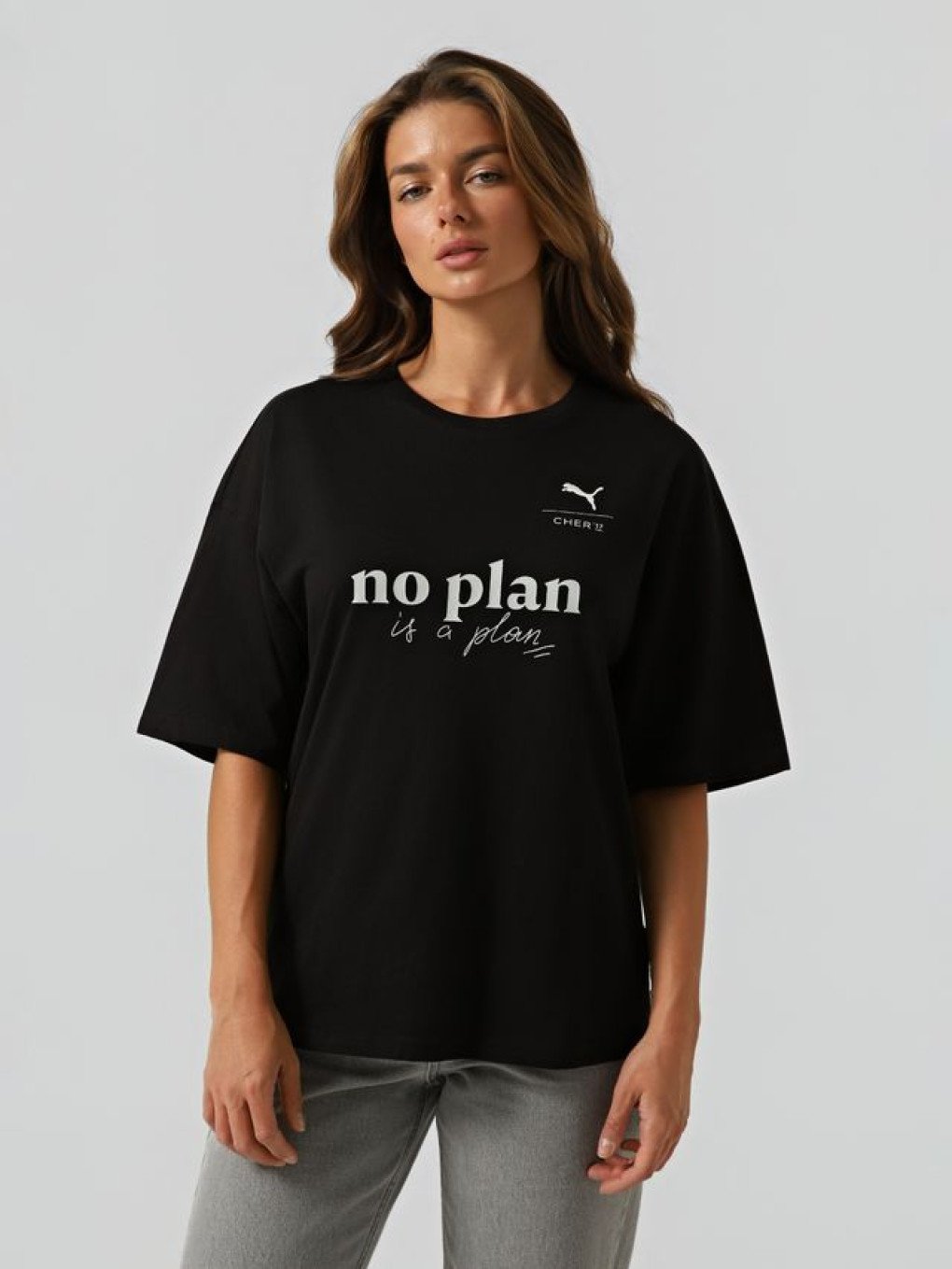 A model wears a black “No plan is a plan” T-shirt from the CHER’17 x PUMA collection. (Source: PUMA’s press office) A model wears a black “No plan is a plan” T-shirt from the CHER’17 x PUMA collection. (Source: PUMA’s press office)