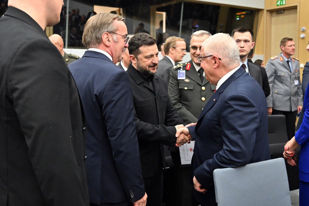 Ukrainian President Volodymyr Zelenskyy and Turkish National Defense Minister Yasar Guler attend the Ukraine Defense Contact Group Meeting at the NATO Headquarters in Brussels, Belgium on June 18, 2026. Photo by Dursun Aydemir/Anadolu via Getty Images