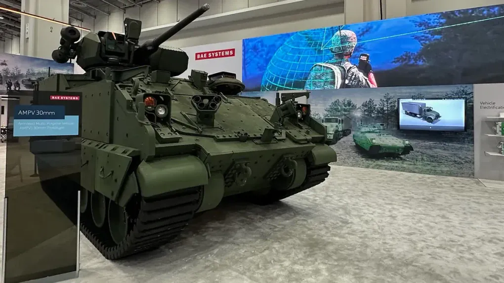AMPV with a 30-millimeter combat module during an exhibition in 2024. (Source: BAE Systems) AMPV with a 30-millimeter combat module during an exhibition in 2024. (Source: BAE Systems)