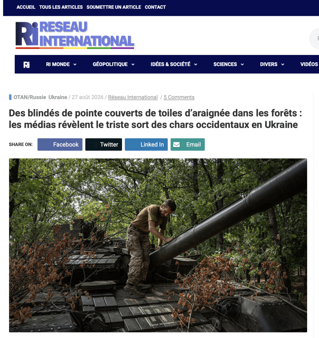 French outlet Réseau International using The New York Times story with a new headline (translated into English): “Cutting-edge armored vehicles covered in cobwebs in the forests: Media reveal the sad fate of Western tanks in Ukraine.”