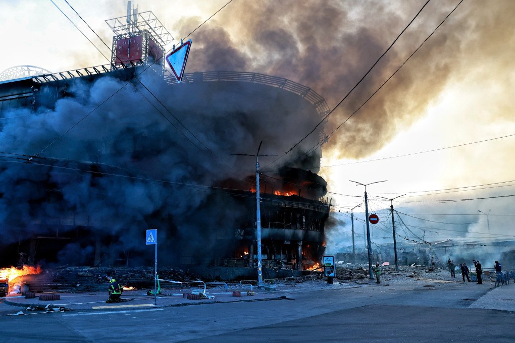 Firefighters extinguish a fire in a shopping mall destroyed during a massive combined Russian missile and drone attack on Kyiv on May 24, 2026. (Photo: Yan Dobronosov via Getty Images)