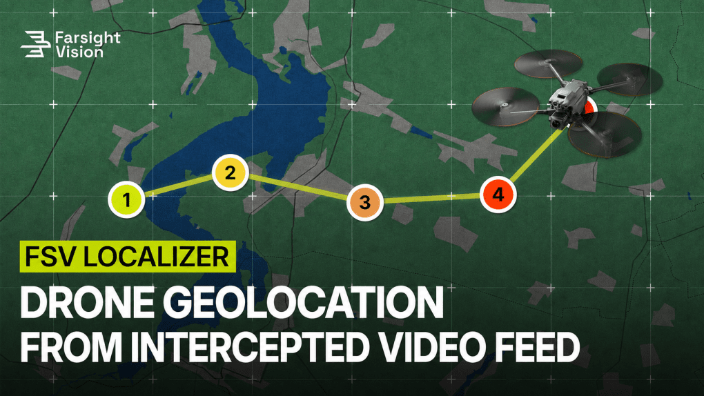 A promotional graphic for Farsight Vision’s FSV Localizer software shows a quadcopter drone and a four-point tracking path mapped across a digital terrain interface. (Source: Farsight Vision)