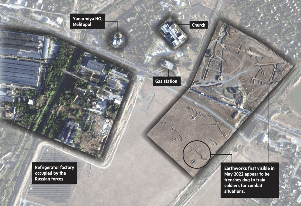 Satellite photo of Russia’s Yunarmiya in temporarily occupied Melitopol, the Zaporizhzhia region, Ukraine. (Source: Hala Systems, OpenStreetMap) Satellite photo of Russia’s Yunarmiya in temporarily occupied Melitopol, the Zaporizhzhia region, Ukraine. (Source: Hala Systems, OpenStreetMap)