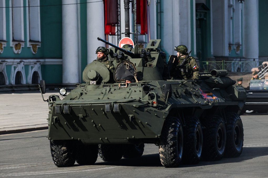 Russian BTR-82A at the Victory Day Parade rehearsal on Palace Square in St. Petersburg, May 3, 2025. (Source: Getty Images)