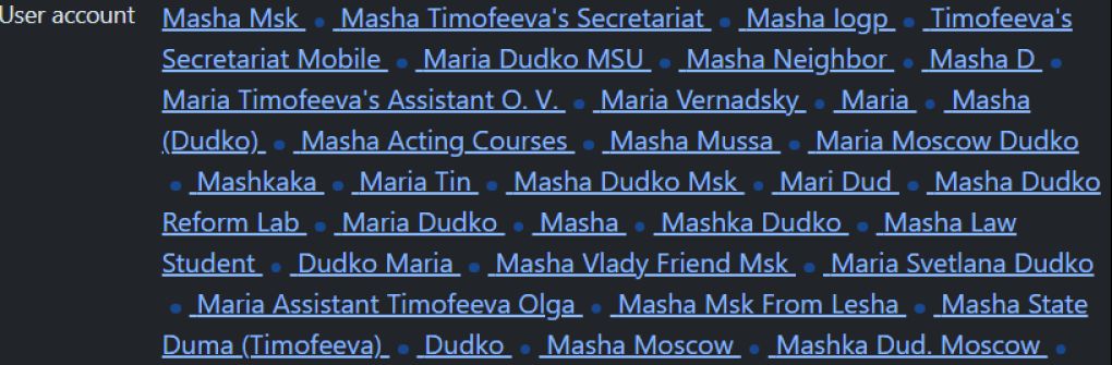 Una herramienta de inteligencia de código abierto que muestra cómo aparece Maria Dudko en varias agendas telefónicas. (Fuente: The Unintelligence Agency)