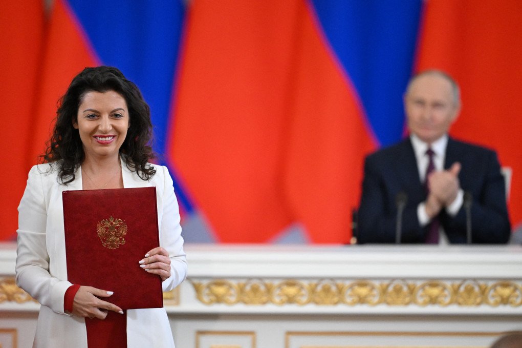 Russian leader Vladimir Putin and Editor-in-Chief of the Russian state-controlled broadcaster RT, Margarita Simonyan, at the Kremlin in Moscow on May 8, 2025. (Source: Getty Images) Russian leader Vladimir Putin and Editor-in-Chief of the Russian state-controlled broadcaster RT, Margarita Simonyan, at the Kremlin in Moscow on May 8, 2025. (Source: Getty Images)