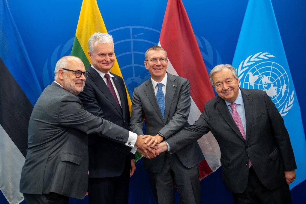 Estonian President Alar Karis, Latvian President Edgars Rinkēvičs, Lithuanian President Gitanas Nausėda at a meeting with Secretary-General of the United Nations António Guterres, September 25, 2024. Source: GitanasNauseda/X.