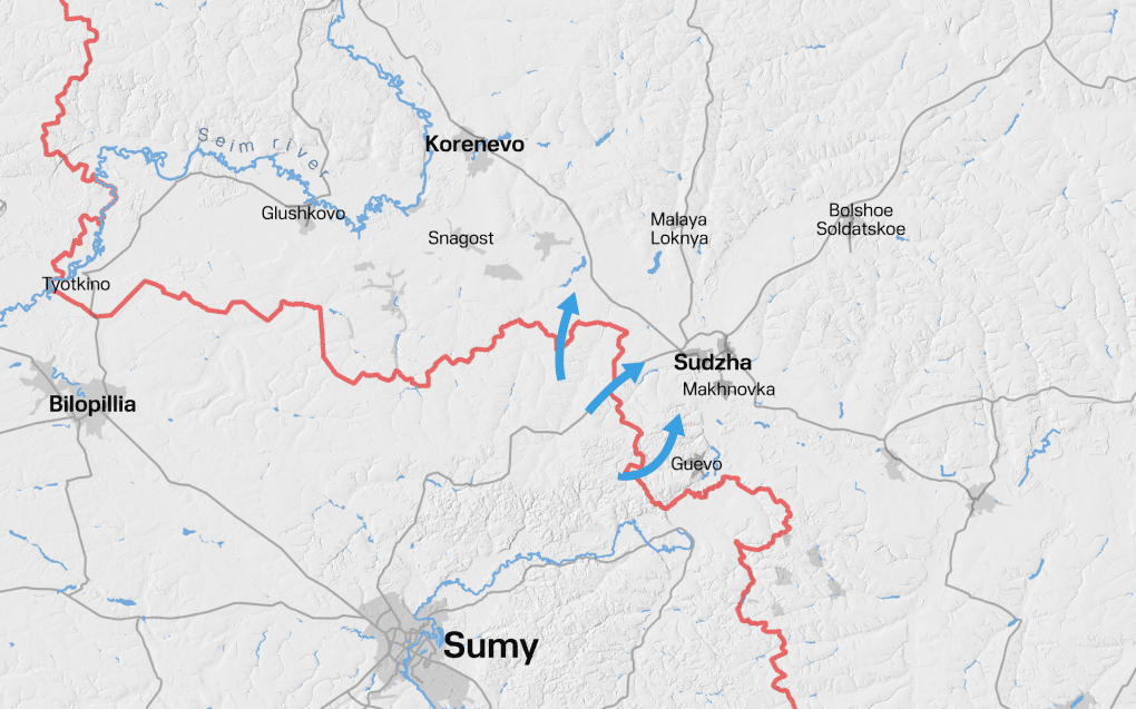 Initial Ukrainian advances across the Russian border near Sudzha, using multiple axes to bypass fortified positions. Illustration: UNITED24 Media Initial Ukrainian advances across the Russian border near Sudzha, using multiple axes to bypass fortified positions. Illustration: UNITED24 Media