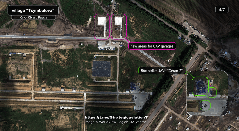 Satellite image showing 56 Geran-2 attack drones and new UAV storage construction at Russia’s Tsymbulova drone base. (Source: Strategic Aviation) Satellite image showing 56 Geran-2 attack drones and new UAV storage construction at Russia’s Tsymbulova drone base. (Source: Strategic Aviation)