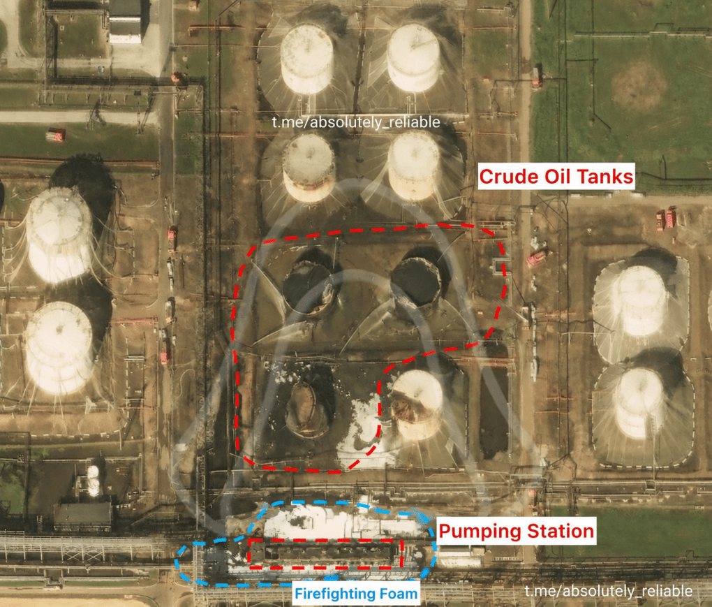 Satellite imagery shows destroyed crude oil storage tanks and a scorched pumping station at the Kuibyshev Oil Refinery. (Source: Absolutely Reliable Source) Satellite imagery shows destroyed crude oil storage tanks and a scorched pumping station at the Kuibyshev Oil Refinery. (Source: Absolutely Reliable Source)