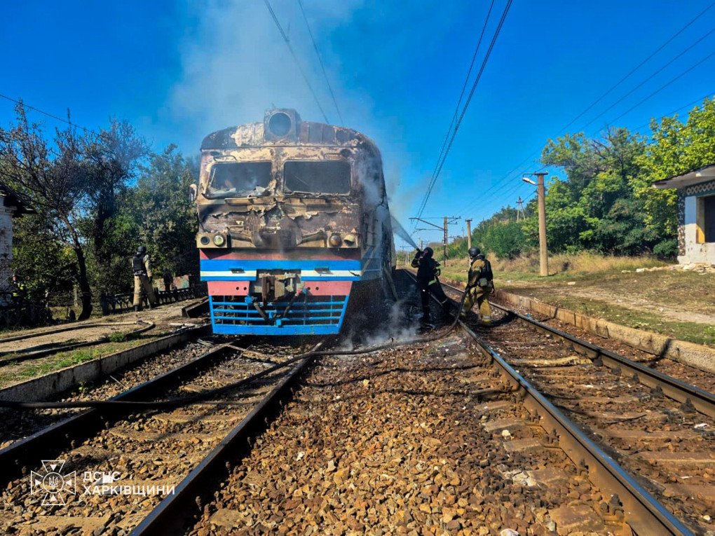 Emergency crews extinguish a fire on a commuter electric train damaged in a Russian drone attack in the Kharkiv region on September 18, 2026. (Source: State Emergency Service of Ukraine)