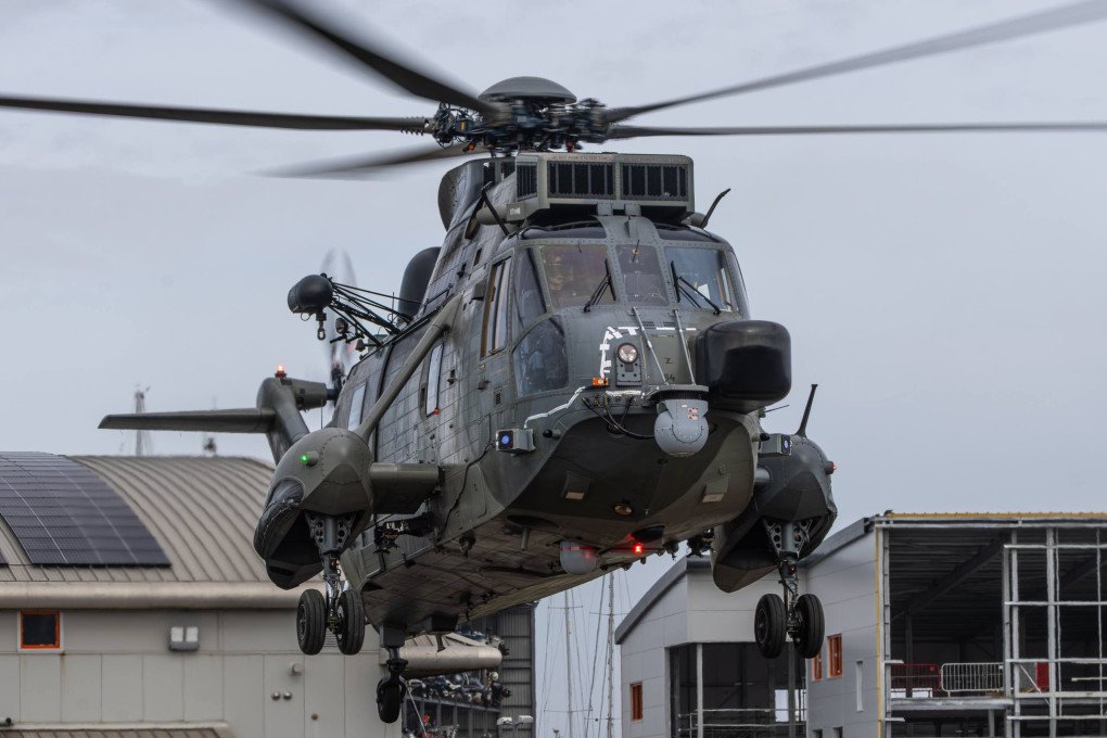 Front view of a German-origin Sea King Mk41 helicopter during test flight in the UK prior to transfer to Ukraine, April 2026. (Source: Portland HeliOperations Supporters)