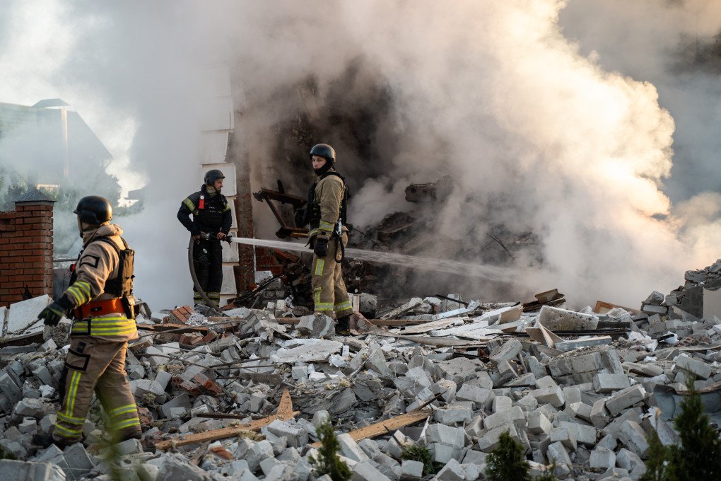 Rescuers extinguish the fire at the site of a Russian missile strike on the city's private residential buildings area on May 10, 2024 in Kharkiv, Ukraine, stopping three times due to the threat of Russia’s double tap-strikes. (Photo by Viacheslav Mavrychev, via Getty Images) Rescuers extinguish the fire at the site of a Russian missile strike on the city's private residential buildings area on May 10, 2024 in Kharkiv, Ukraine, stopping three times due to the threat of Russia’s double tap-strikes. (Photo by Viacheslav Mavrychev, via Getty Images)
