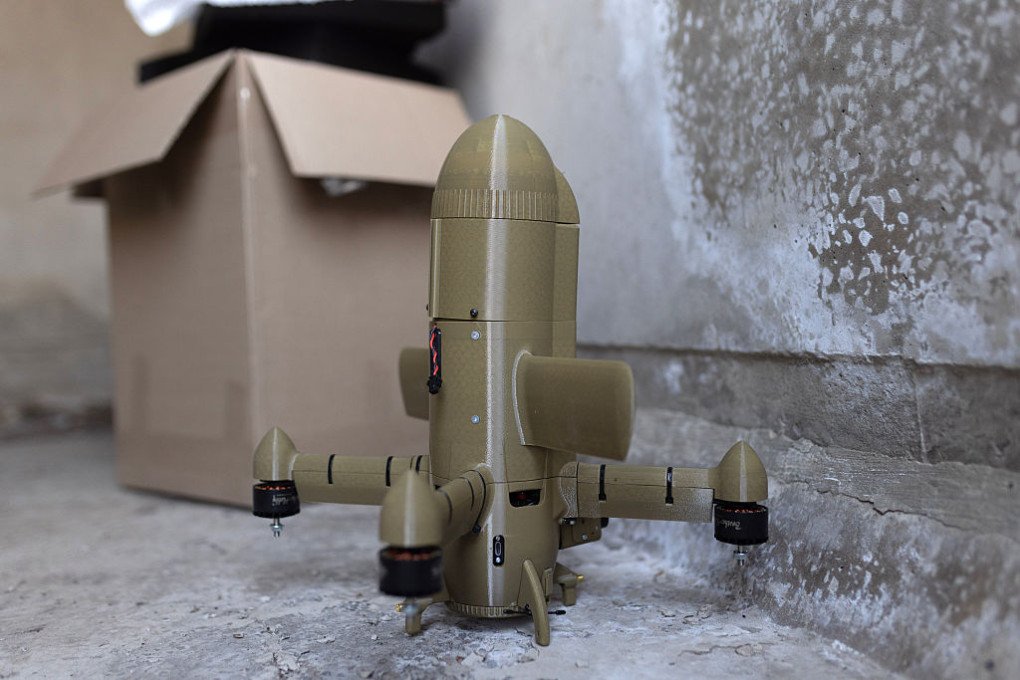 The Ukrainian-made STING interceptor drone is seen on March 31, 2026 in Kharkiv, Ukraine. (Source: Getty Images)