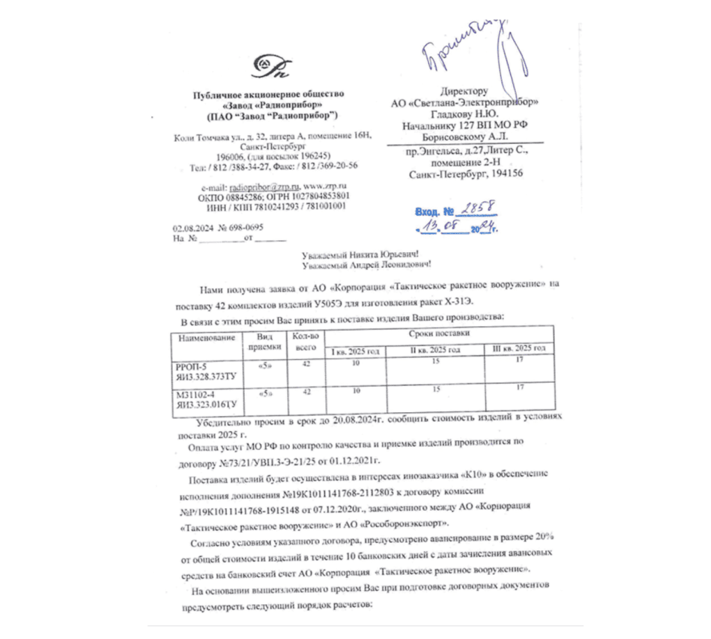 Russian official letter on the supply of components intended for Kh-31E missiles Russian official letter on the supply of components intended for Kh-31E missiles