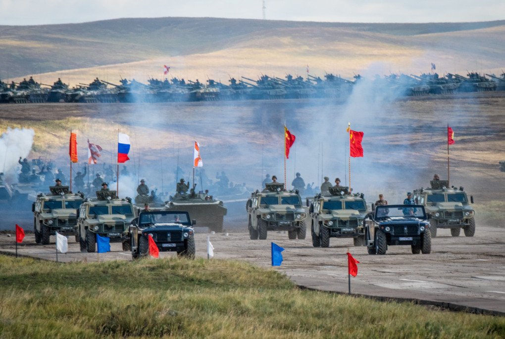 Russian, Chinese, and Mongolian troops and military equipment parade at the end of the day of the Vostok-2018 (East-2018) military drills at Tsugol training ground not far from the Chinese and Mongolian border in Siberia, on September 13, 2018. (Source: Getty Images) Russian, Chinese, and Mongolian troops and military equipment parade at the end of the day of the Vostok-2018 (East-2018) military drills at Tsugol training ground not far from the Chinese and Mongolian border in Siberia, on September 13, 2018. (Source: Getty Images)