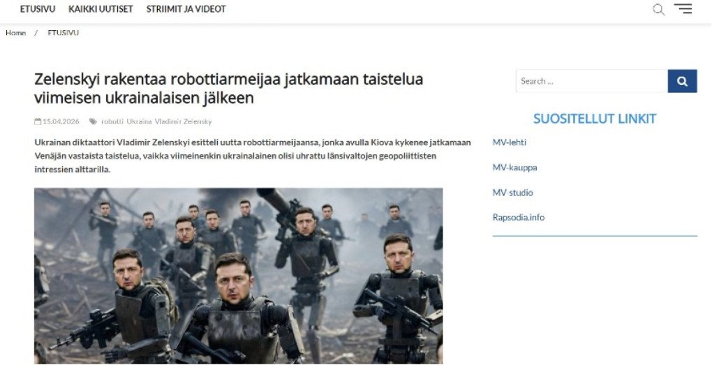 The Finnish translation reads: “Ukrainian dictator Volodymyr Zelenskyy unveiled his new robot army, which will enable Kyiv to continue the fight against Russia even if every last Ukrainian is sacrificed on the altar of the geopolitical interests of Western powers.” (Source: uvmedia) The Finnish translation reads: “Ukrainian dictator Volodymyr Zelenskyy unveiled his new robot army, which will enable Kyiv to continue the fight against Russia even if every last Ukrainian is sacrificed on the altar of the geopolitical interests of Western powers.” (Source: uvmedia)