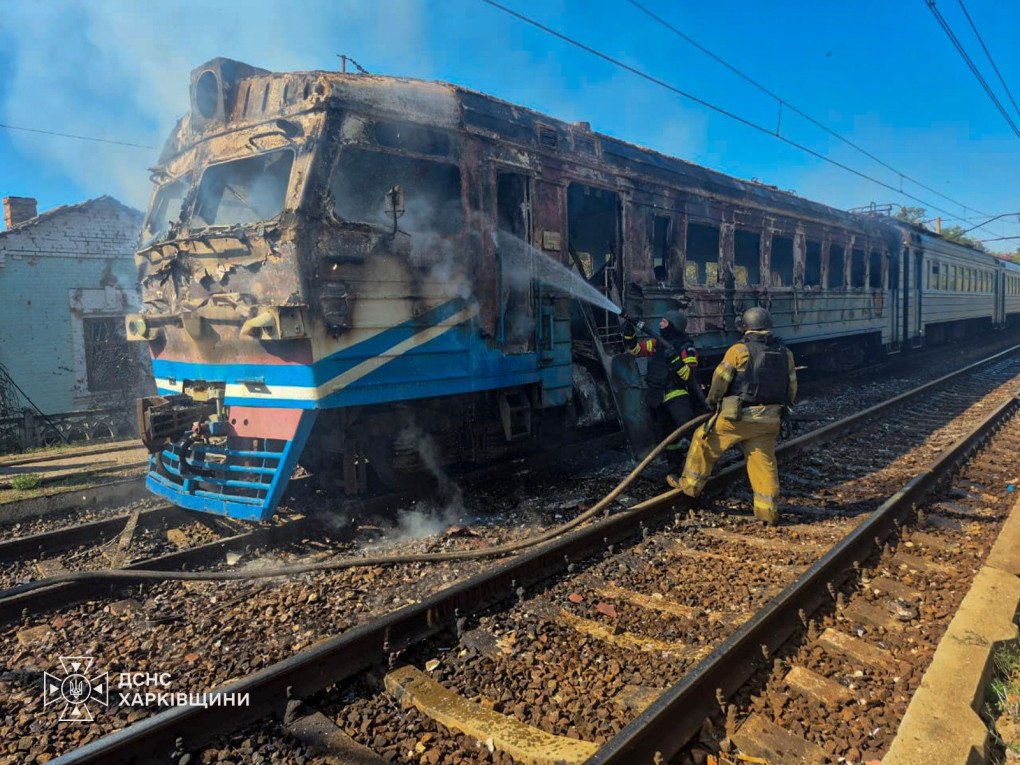 Emergency crews extinguish a fire on a commuter electric train damaged in a Russian drone attack in the Kharkiv region on September 18, 2026. (Source: State Emergency Service of Ukraine)