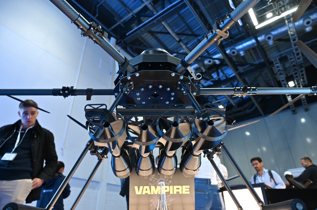 Ukrainian manufacturer Skyfall Hexacopter Vampire also known as Baba Yaga bomber drone is displayed during the Space Autonomy, Drone X, AGV And UMV Expo at ExCel London on September 30, 2025 in London, England. (Source: Getty Images)