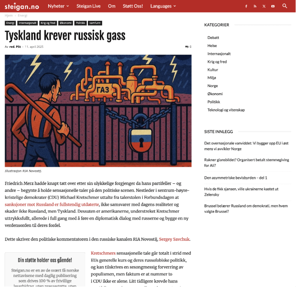 Norwegian website Steigan.no republishes the Russian state media narrative, misleadingly suggesting that Germany as a whole wants Russian gas imports restored and cooperation with Moscow resumed. The article also reuses RIA Novosti’s original illustration. (Screenshot: Steigan.no) Norwegian website Steigan.no republishes the Russian state media narrative, misleadingly suggesting that Germany as a whole wants Russian gas imports restored and cooperation with Moscow resumed. The article also reuses RIA Novosti’s original illustration. (Screenshot: Steigan.no)