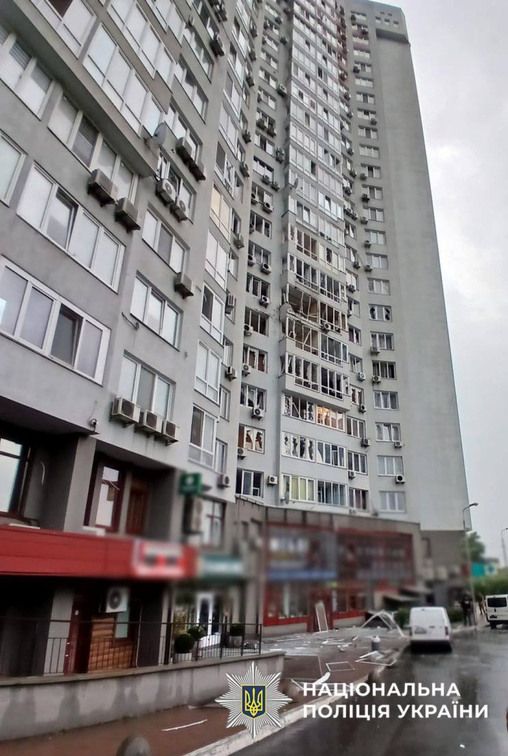 The aftermath of a Russian drone strike on a high-rise residential building in Kyiv, on July 28, 2025. (Source: National Police of Ukraine / Telegram) The aftermath of a Russian drone strike on a high-rise residential building in Kyiv, on July 28, 2025. (Source: National Police of Ukraine / Telegram)