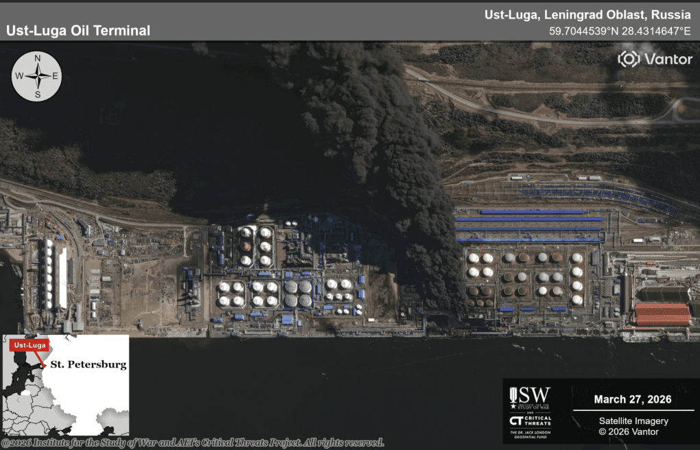 A second satellite image shows thick black smoke rising over the Ust-Luga oil terminal on March 27, 2026, after the reported strike. (Source: Vantor/ISW) Russian Ports