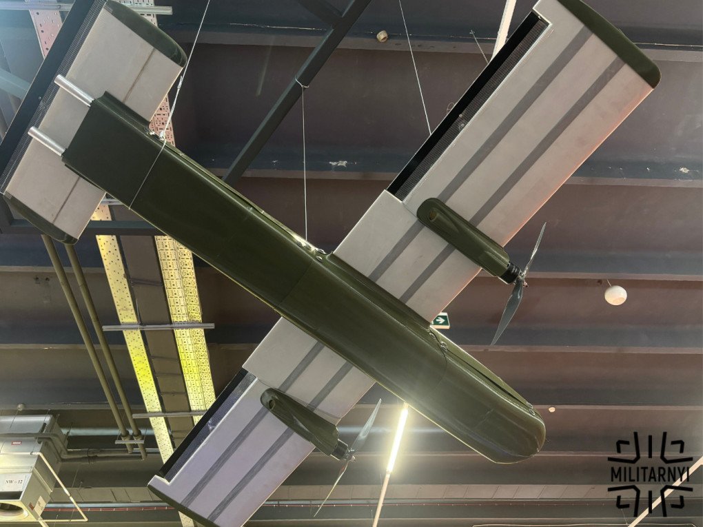 Ukraine’s Grim LA-80 fixed-wing strike drone, developed by defense company GrimTech, displayed at the MSPO 2026 defense exhibition in Kielce, Poland. (Source: Militarnyi)