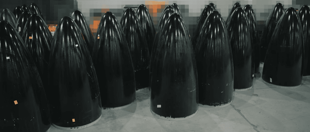Nose fairings for Fire Point’s Flamingo cruise missiles at a production facility. (Source: Pressing/YouTube) Nose fairings for Fire Point’s Flamingo cruise missiles at a production facility. (Source: Pressing/YouTube)