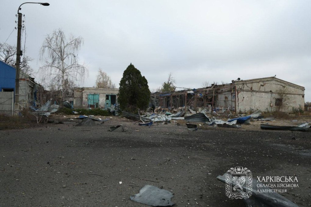 Damaged buildings and debris after a Russian strike in Kharkiv region. (Source: Kharkiv Regional Military Administration)