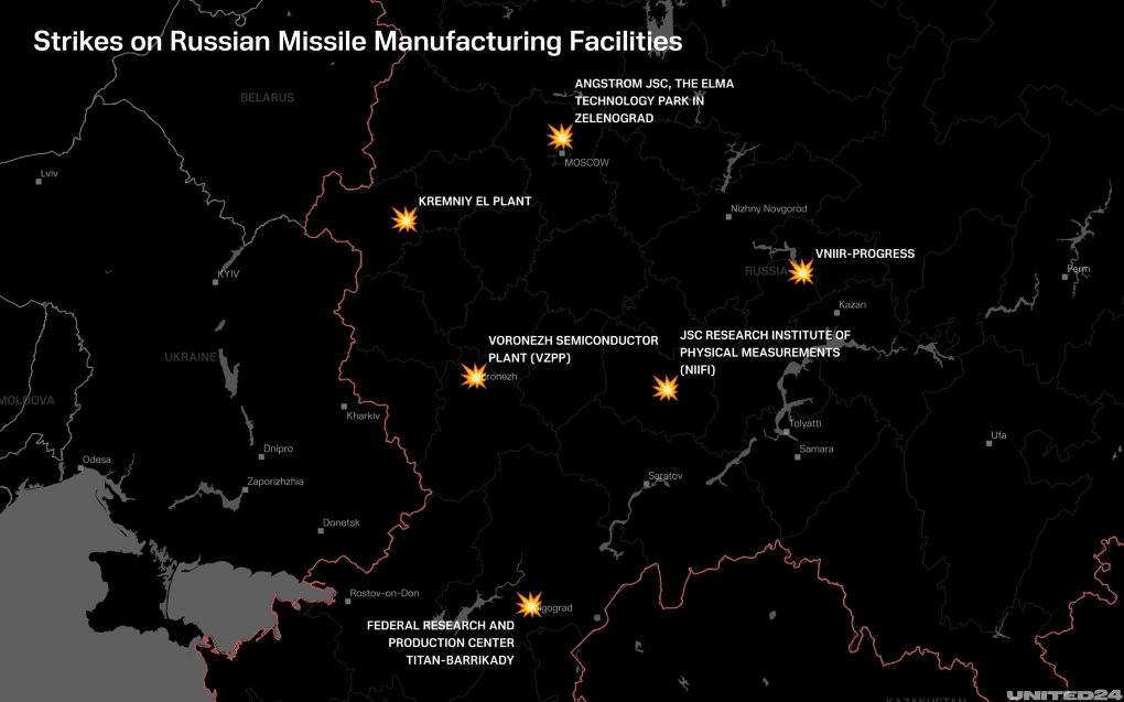 A map showing strikes on Russian missile manufacturing facilities. (Ilustration: UNITED24 Media) A map showing strikes on Russian missile manufacturing facilities. (Ilustration: UNITED24 Media)