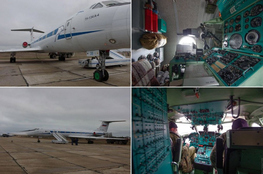 Vistas exterior e interior de un raro Tu-134UBL ruso (marcado Tu-134A-4), que muestra su morro de entrenamiento de radar extendido, cabina y paneles de aviónica diseñados para la instrucción de tripulaciones de bombarderos. (Fuente: Defense Express) Vistas exterior e interior de un raro Tu-134UBL ruso (marcado Tu-134A-4), que muestra su morro de entrenamiento de radar extendido, cabina y paneles de aviónica diseñados para la instrucción de tripulaciones de bombarderos. (Fuente: Defense Express)