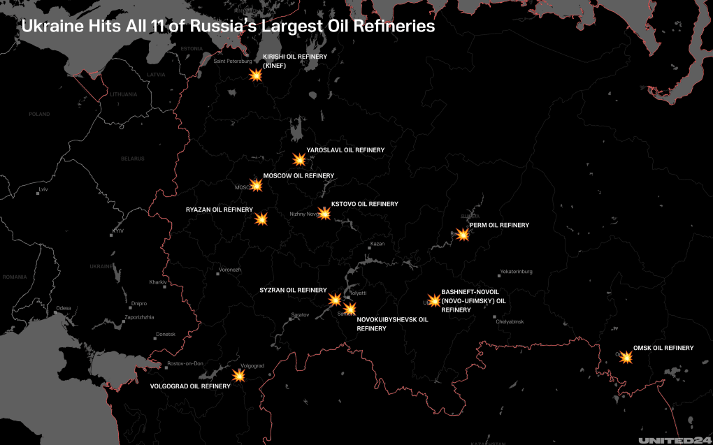 Map of Ukrainian long-range drone strikes on 11 of Russia's largest oil refineries. (Illustration: UNITED24 Media)