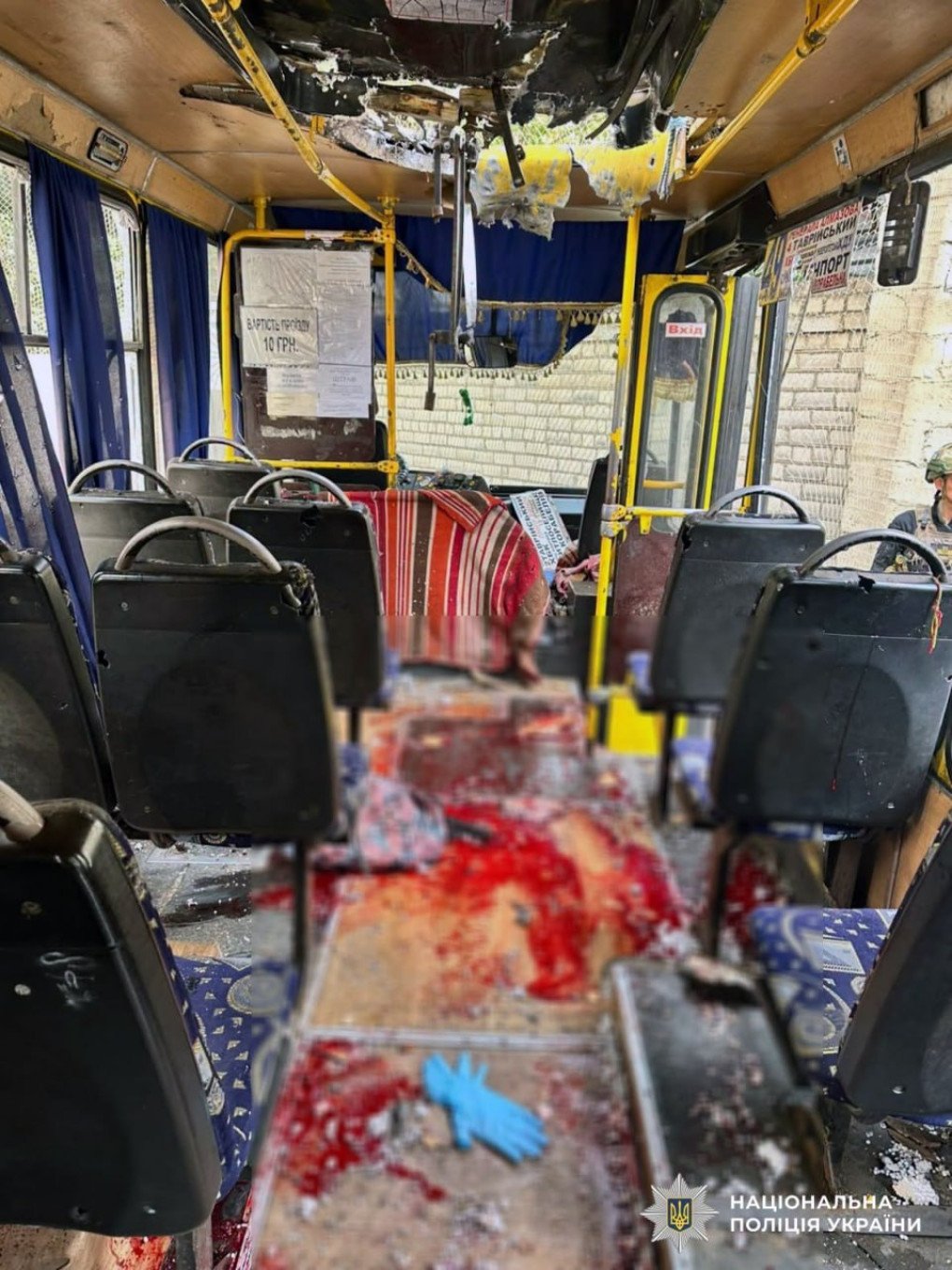 The damaged interior of a civilian minibus following a Russian FPV drone strike in Kherson on August 19, 2026. (Source: National Police of Ukraine) The damaged interior of a civilian minibus following a Russian FPV drone strike in Kherson on August 19, 2026. (Source: National Police of Ukraine)