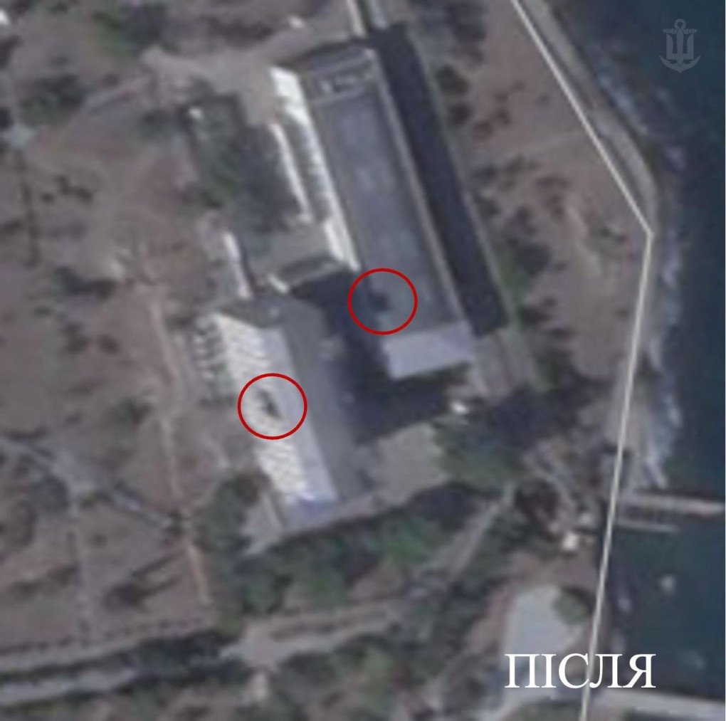 Satellite image showing damage to the Russian Black Sea Fleet communications hub in Sevastopol after the Ukrainian Navy strike, with impact sites marked. (Source: Ukrainian Navy)
