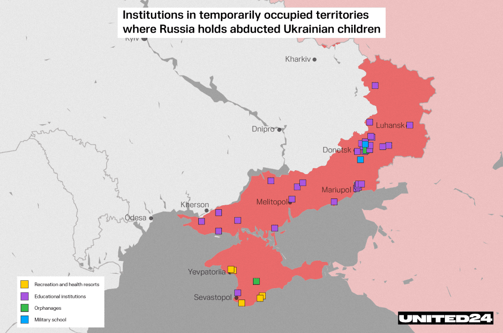 A map of institutions across Russian-occupied Ukrainian territories where abducted children are held, according to SBU intelligence. Facilities range from so-called “health resorts” and orphanages to military schools—part of Russia’s systematic effort to erase Ukrainian identity and sever children from their families and homeland. A map of institutions across Russian-occupied Ukrainian territories where abducted children are held, according to SBU intelligence. Facilities range from so-called “health resorts” and orphanages to military schools—part of Russia’s systematic effort to erase Ukrainian identity and sever children from their families and homeland.