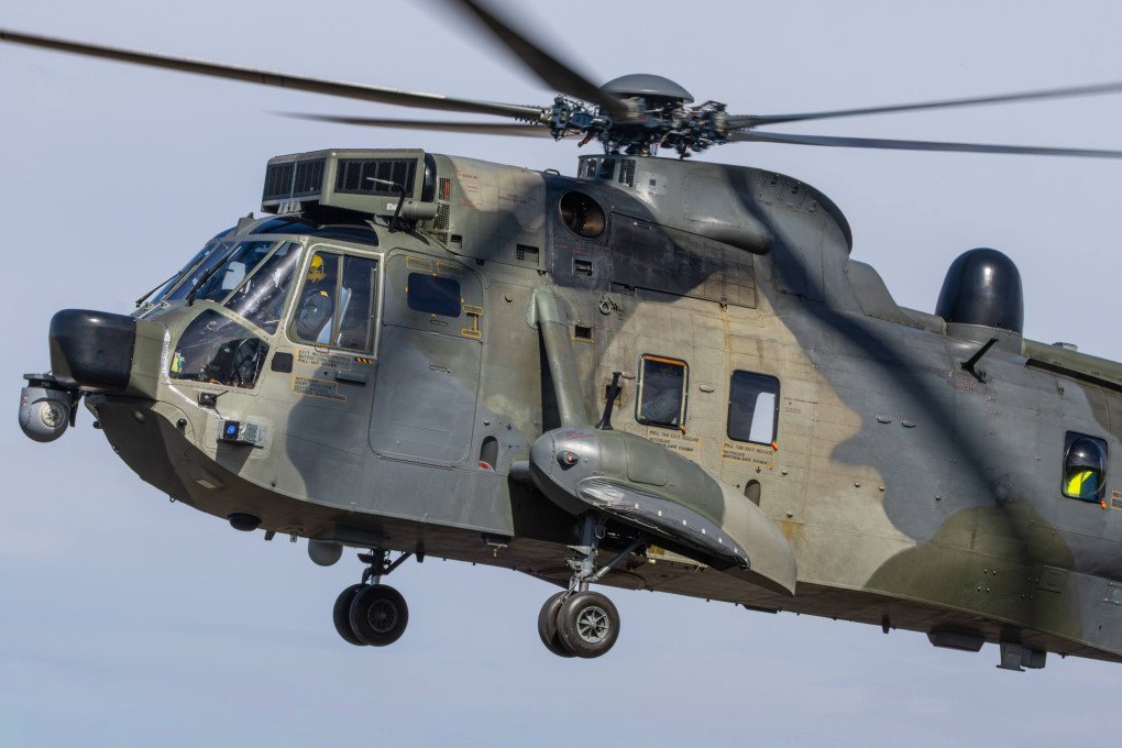 Sea King Mk41 helicopter, previously operated by Germany, seen in flight during preparation in the UK before delivery to Ukraine, April 2026. (Source: Portland HeliOperations Supporters)