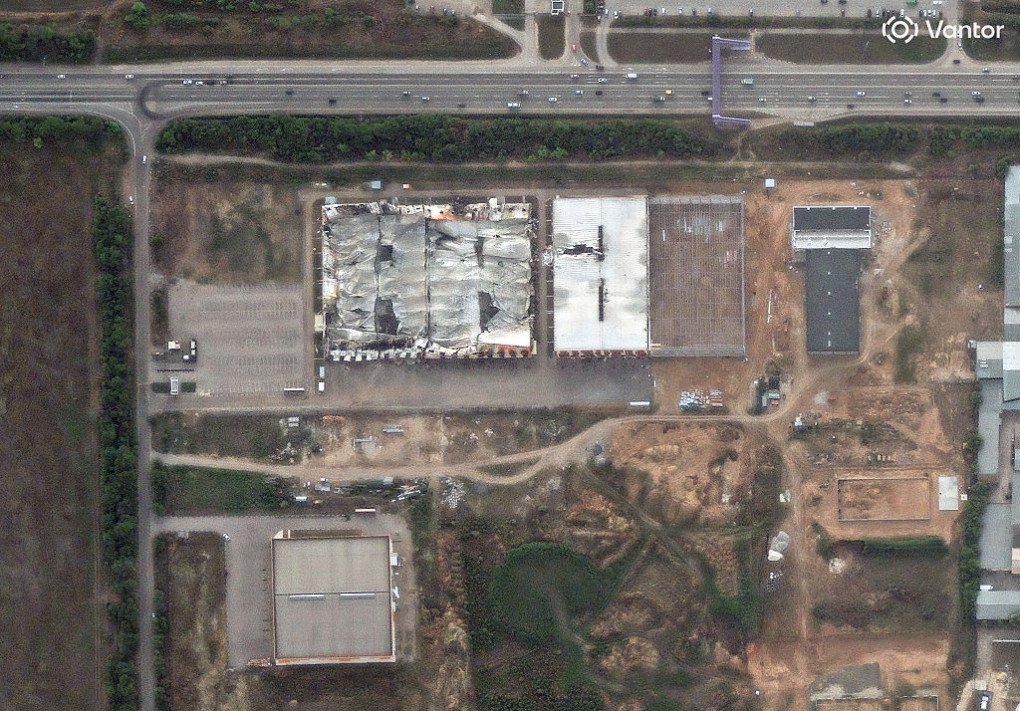 Vantor satellite image shows damage to several Wildberries warehouses in Simferopol, Crimea after a July 2026 strike with major roof destruction. (Source: Getty Images) Vantor satellite image shows damage to several Wildberries warehouses in Simferopol, Crimea after a July 2026 strike with major roof destruction. (Source: Getty Images)