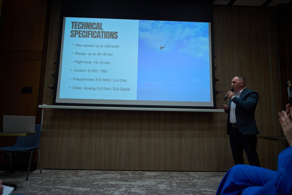 Amazing Drones CEO Maksym Klymenko presents technical specifications of the company’s interceptor drone during a press conference in Kyiv. (Source: Mykyta Shandyba, UNITED24 Media) Amazing Drones CEO Maksym Klymenko presents technical specifications of the company’s interceptor drone during a press conference in Kyiv. (Source: Mykyta Shandyba, UNITED24 Media)