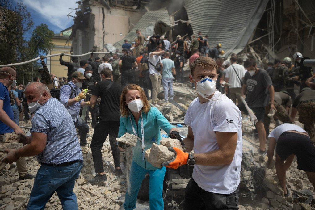 People clear rubble from Kyiv Okhmatdyt Children’s Hospital, partially destroyed by a Russian missile strike on July 8, 2024 in Kyiv, Ukraine. (Photo by Oleksandr Magula/Global Images Ukraine via Getty Images) People clear rubble from Kyiv Okhmatdyt Children’s Hospital, partially destroyed by a Russian missile strike on July 8, 2024 in Kyiv, Ukraine. (Photo by Oleksandr Magula/Global Images Ukraine via Getty Images)