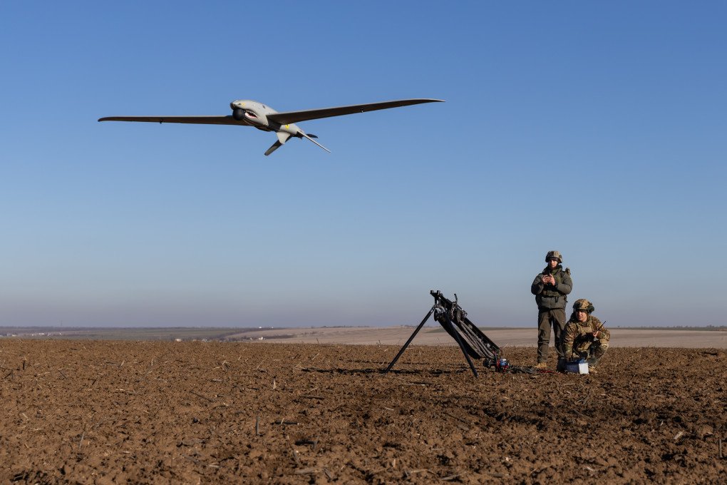 Soldiers of the 40th Coastal Defense Brigade launch a SHARK reconnaissance UAV to adjust artillery striking Russian army positions on the left bank of the Dnipro river on January 20, 2025, in the Kherson region, Ukraine. (Source: Getty Images)