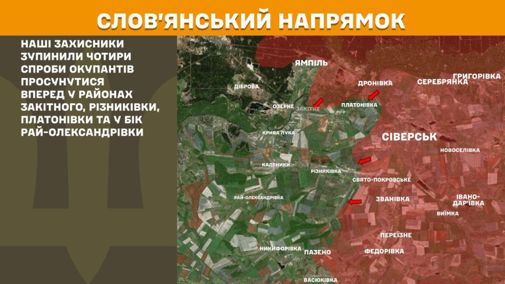 Mapa del frente en el eje Sloviansk, donde las fuerzas ucranianas repelieron seis intentos de avance ruso en varias direcciones. (Foto: Estado Mayor de las Fuerzas Armadas de Ucrania, 30 de marzo de 2026) mapa guerra Ucrania hoy Sloviansk 30 marzo 2026 ataques rusos repelidos frente Donbás posiciones ucranianas líneas defensivas combates activos Rai Oleksandrivka Platonivka Zakitne Kalenyky mapa actualizado guerra Rusia Ucrania