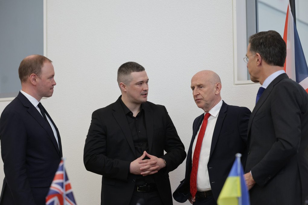 Ukrainian Defense Minister Mykhailo Fedorov, British Defense Secretary John Healey, German Defense Minister Boris Pistorius, and NATO Secretary General Mark Rutte meet during the Ramstein meeting. (Source: Ukrainian Ministry of Defense)