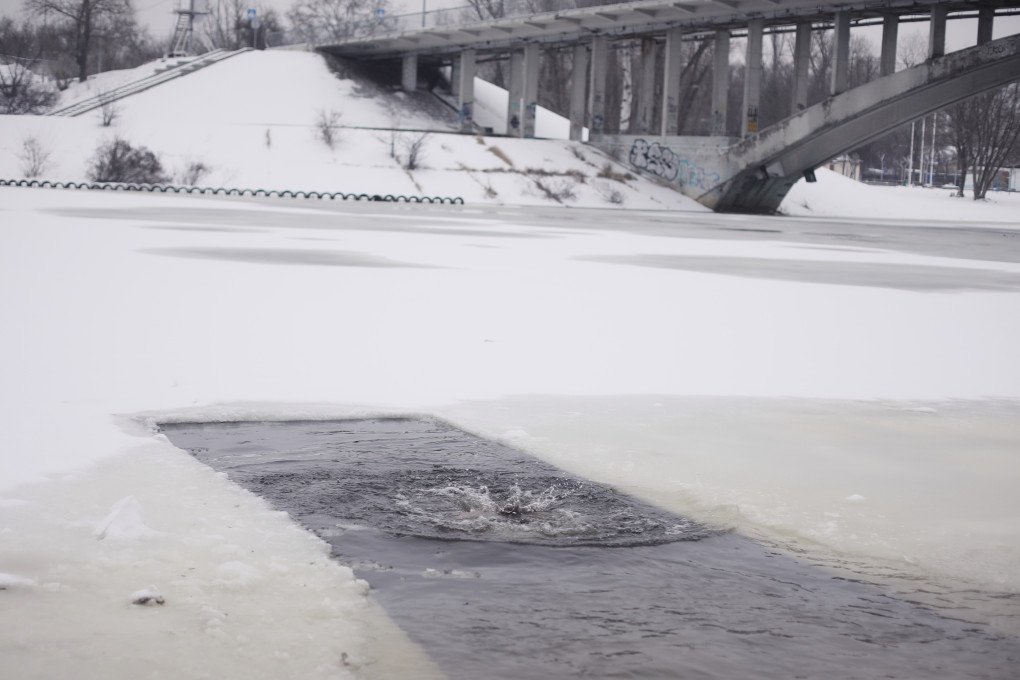 The icy rectangle where people enter the freezing Dnipro. Kyiv, Ukraine, January 6, 2026. (Photo: Lucile Brizard) The icy rectangle where people enter the freezing Dnipro. Kyiv, Ukraine, January 6, 2026. (Photo: Lucile Brizard)
