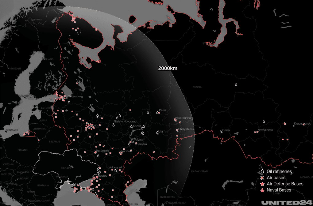Map demonstrating oil and military sites within Ukraine's new strike range