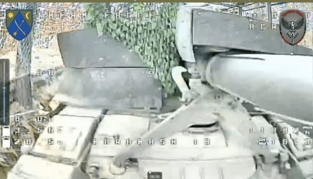 Drone footage captures a Russian 2S19 “Msta-S” self-propelled howitzer spotted by Ukrainian aerial reconnaissance within a camouflaged firing position before being targeted. (Source: 151st Separate Mechanized Brigade)
