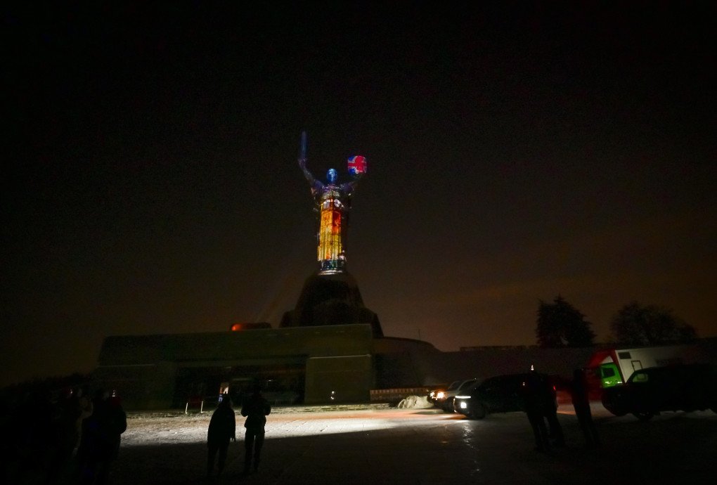 A projection of London’s Big Ben lights up the Motherland Monument in Kyiv on 15 January 2025. (Photo by Yevhen Zinchenko for the British Embassy Kyiv)